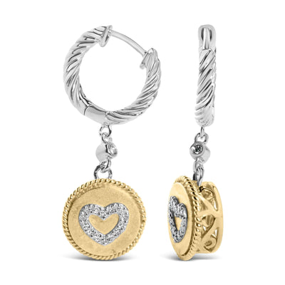 18K Yellow Gold Plated .925 Sterling Silver 1/8 Cttw Diamond Heart Medallion Drop and Dangle Earring (I-J Color, SI1-SI2 Clarity) - The Snow Owls