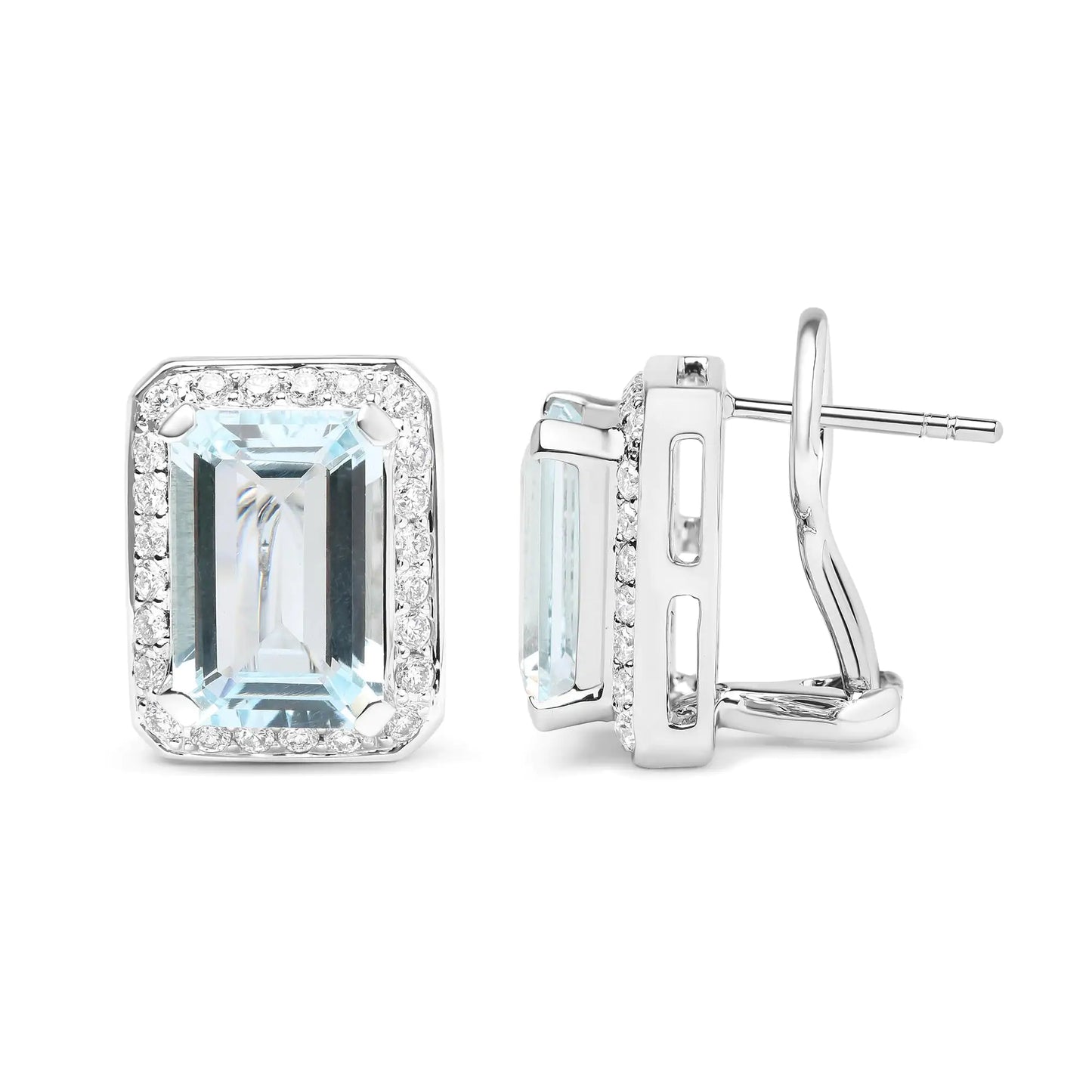 18K White Gold 3/4 Cttw Round Diamond and 13x9mm Emerald Cut Blue Aquamarine Gemstone Halo Omega Stud Earrings (G-H Color, SI1-SI2 Clarity)