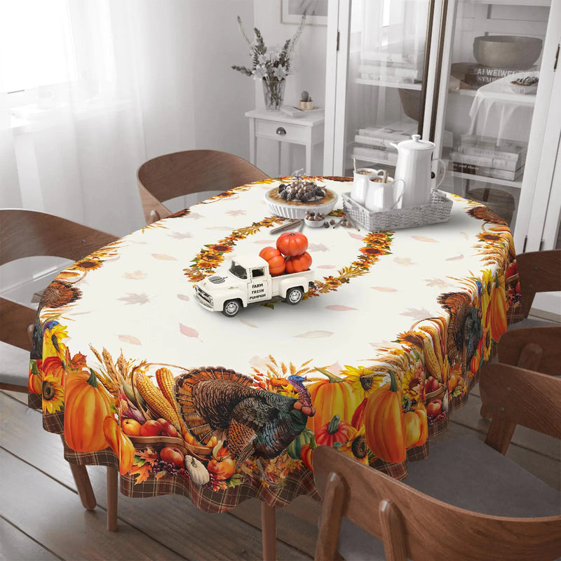 Thanksgiving Tablecloth Fall Tablecloth Oval 60x102 Inch Autumn Harvest Turkey Pumpkin Table Cover Waterproof for Fall Thanksgiving Dinning Table Decorations