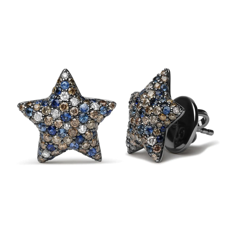 Black Rhodium Plated 18K White Gold 1.00 Cttw Diamond and Round Blue Sapphire Gemstone Micro-Pave Star Stud Earrings (Brown and G-H Color, SI1-SI2 Clarity) - The Snow Owls