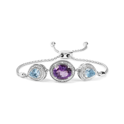 .925 Sterling Silver Oval Amethyst and Pear Blue Topaz with Diamond Accent Lariat 4”-10” Adjustable Bolo Bracelet (H-I Color, SI1-SI2 Clarity) - The Snow Owls