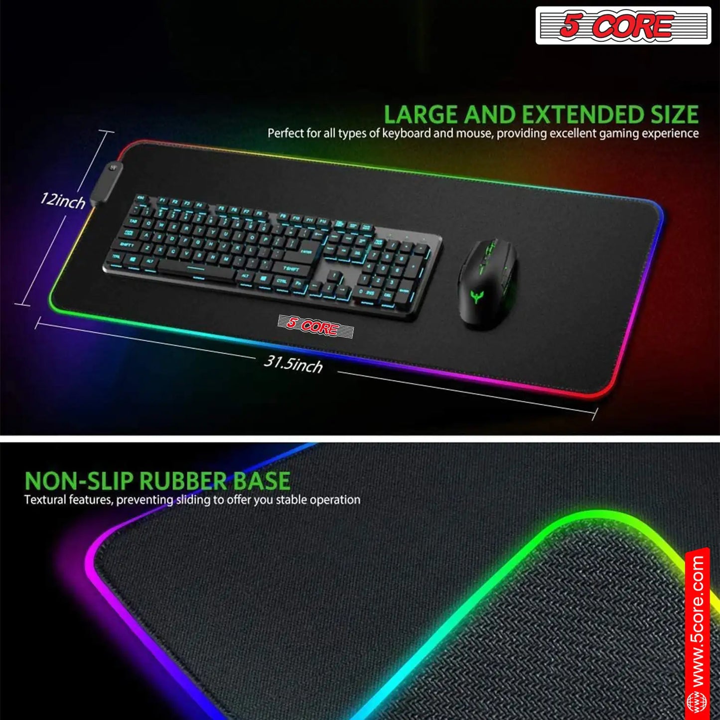 5Core RGB Mouse Pad  12 Light Modes High-Performance Soft Padded Large Gaming Keyboard Mouse Mat