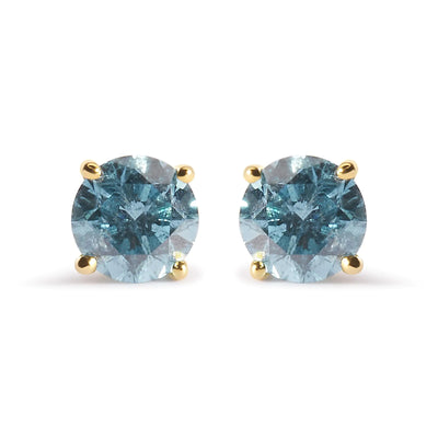 14K Yellow Gold 1.0 Cttw Treated Aqua Blue Diamond Classic Solitaire Stud Earrings (Aqua Blue Color, I2-I3 Clarity) - The Snow Owls