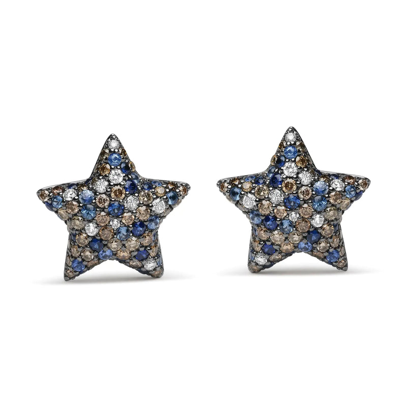 Black Rhodium Plated 18K White Gold 1.00 Cttw Diamond and Round Blue Sapphire Gemstone Micro-Pave Star Stud Earrings (Brown and G-H Color, SI1-SI2 Clarity) - The Snow Owls