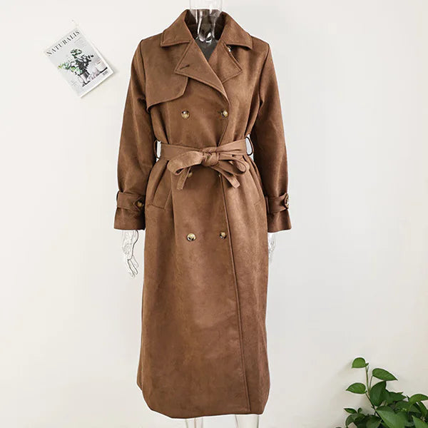 Vintage Suede Belted Long Coat - The Snow Owls