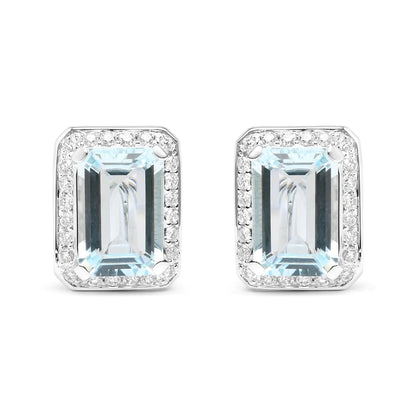 18K White Gold 3/4 Cttw Round Diamond and 13x9mm Emerald Cut Blue Aquamarine Gemstone Halo Omega Stud Earrings (G-H Color, SI1-SI2 Clarity)