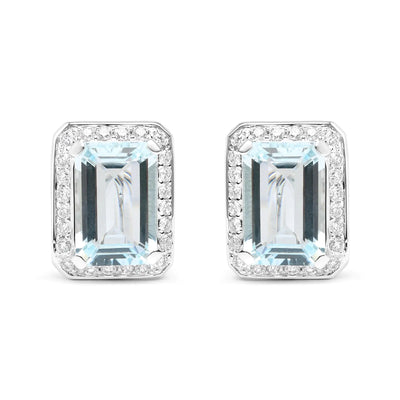 18K White Gold 3/4 Cttw Round Diamond and 13x9mm Emerald Cut Blue Aquamarine Gemstone Halo Omega Stud Earrings (G-H Color, SI1-SI2 Clarity) - The Snow Owls