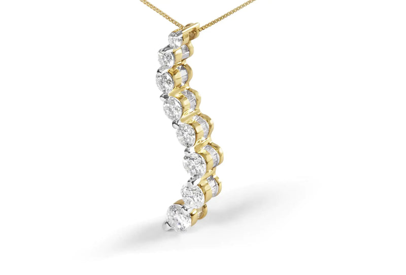 AGS Certified 14K Yellow Gold 3.0 Cttw Baguette and Brilliant Round-Cut Diamond Journey 18" Pendant Necklace (G-H Color, SI2-I1 Clarity) - The Snow Owls