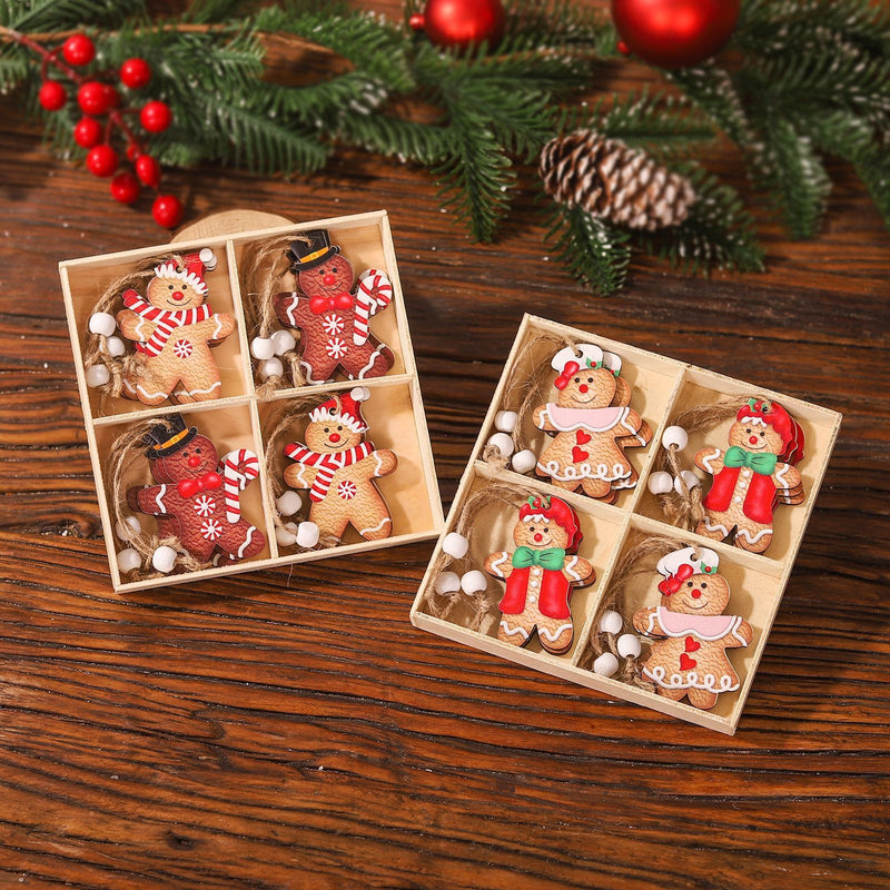 Christmas Decorations Cartoon Four-grid Wooden Gingerbread Man Couple Doll Pendant