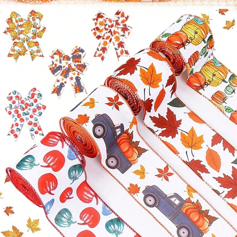 4 Rolls 20 Yards Thanksgiving Day Fall Autumn Wired Edge Ribbon Pumpkin Leaves Wired Ribbon Gingham Ribbon For Thanksgiving Decorations Party Gift Wrapping Craft DIY Project