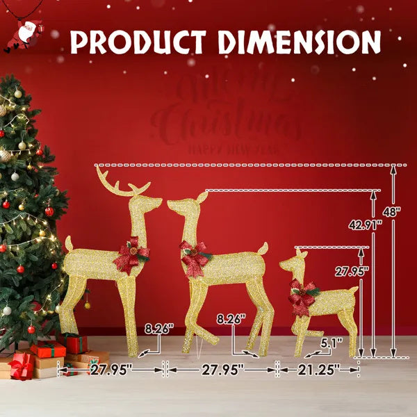 3-Piece Lighted Christmas Reindeer Family Set Outdoor Decorations, Weather Proof 2D Deer Family Set Of 3 Christmas Ornament Home Decor Pre-lit 200 LED Warm White Lights With Stakes, Golden
