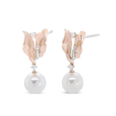 14K Rose Gold 1/6 Cttw Round Diamond and 8mm Round Pearl Floral Drop Stud Earrings (H-I Color, I1-I2 Clarity) - The Snow Owls