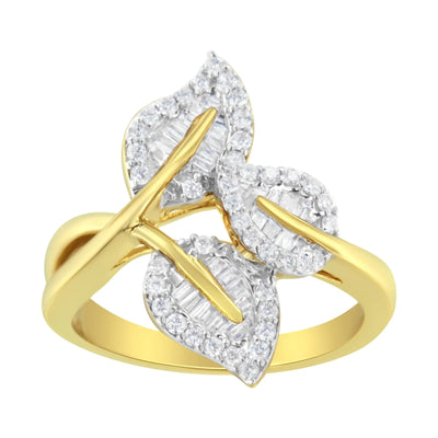 18K Yellow and White Gold Plated .925 Sterling Silver 3/8 Cttw Baguette and Round Diamond Bypass Triple Leaf Ring (I-J Color, I1-I2 Clarity) - The Snow Owls