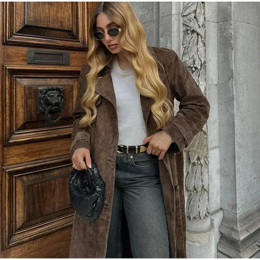 Vintage Suede Belted Long Coat