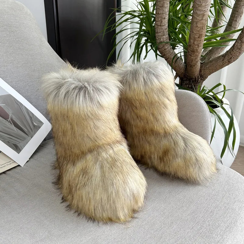 Raccoon Fur Plush Snow Boots