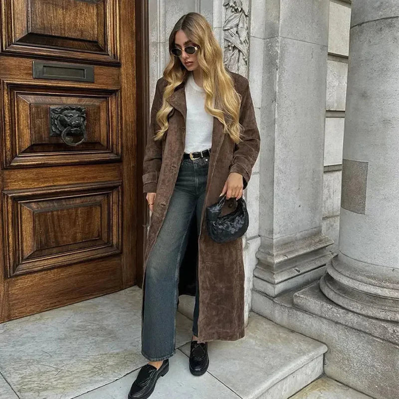 Vintage Suede Belted Long Coat - The Snow Owls