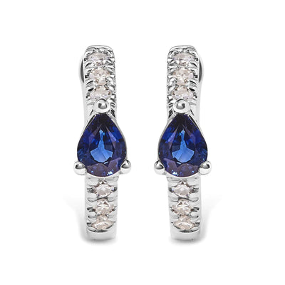 10K White Gold Pear Shaped Blue Sapphire and 1/10 Cttw Diamond Huggy Hoop Earrings (H-I Color, I1-I2 Clarity) - The Snow Owls