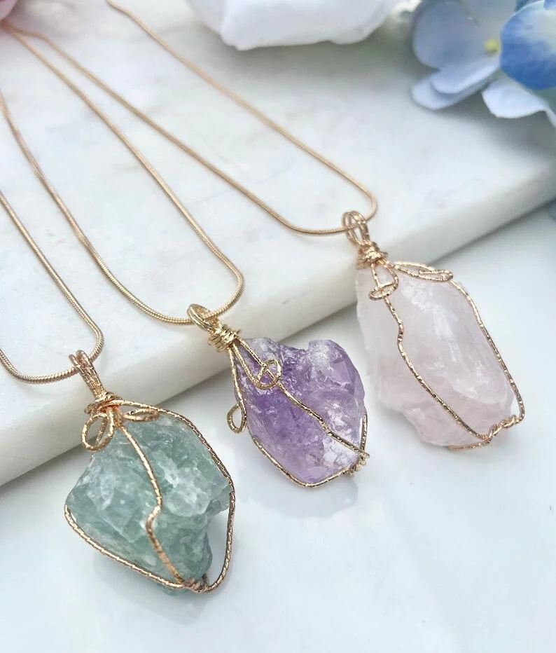 Natural Gemstone Necklace Chakra Stone Pendant Energy Healing Crystal with Chain - The Snow Owls