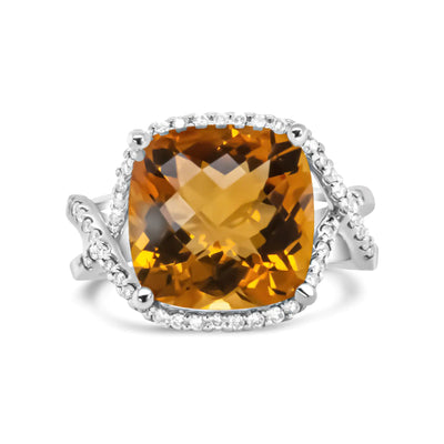 14K White Gold 12mm Cushion Cut Yellow Citrine Gemstone and 1/3 Cttw Round Pave-Set Diamond Ring - (H-I Color, VS1-VS2 Clarity) - The Snow Owls