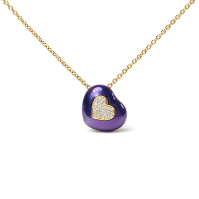 18K Yellow Gold Blue Enamel 1/10 Cttw Round Pave Diamonds Heart Shape 18" Pendant Necklace (G-H Color, SI1-SI2 Clarity) - Adjustable up to 16" - 18" - The Snow Owls