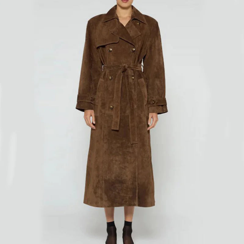 Vintage Suede Belted Long Coat - The Snow Owls