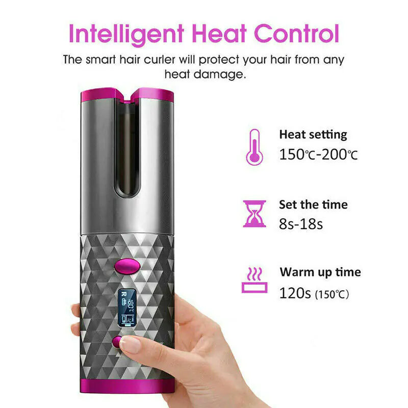 Hair Curler LCD Cordless Auto Rotating Waver Curling Iron Ceramic Wireless USA - The Snow Owls