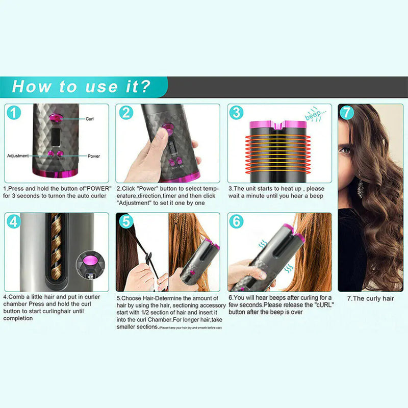 Hair Curler LCD Cordless Auto Rotating Waver Curling Iron Ceramic Wireless USA - The Snow Owls
