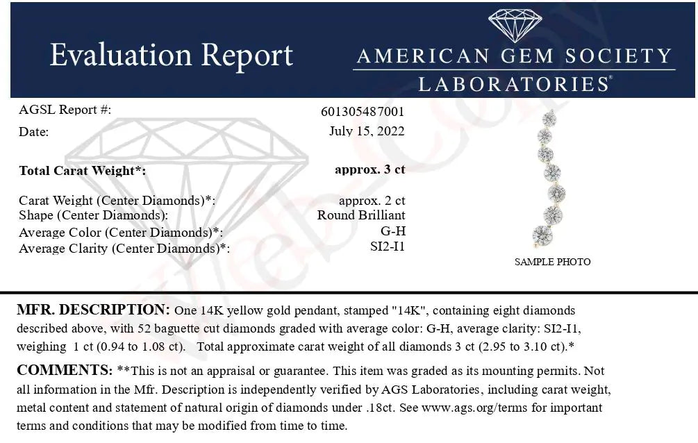 AGS Certified 14K Yellow Gold 3.0 Cttw Baguette and Brilliant Round-Cut Diamond Journey 18" Pendant Necklace (G-H Color, SI2-I1 Clarity)