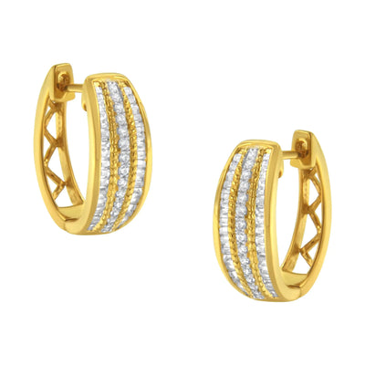 10K Yellow Gold 3/4 Cttw Pave and Channel Set Diamond Triple Row Modern Hoop Earrings (I-J Color, I2-I3 Clarity) - The Snow Owls